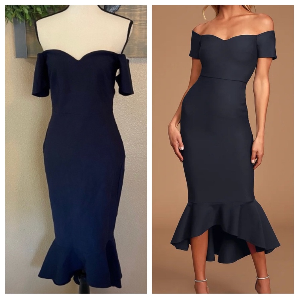 NWOT Lulus How Much I Care Midnight Blue Off-the-Shoulder Midi Dress